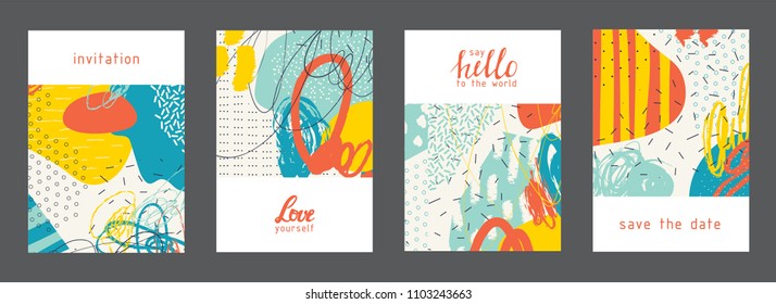 Set of creative universal artistic cards. Designs for prints, wedding, anniversary, birthday, Valentine's day, party invitations, posters, cards, etc. Vector. Isolated.