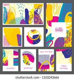 Set of creative universal artistic cards. Designs for prints, wedding, anniversary, birthday, Valentine's day, party invitations, posters, cards, etc. Vector. Isolated.