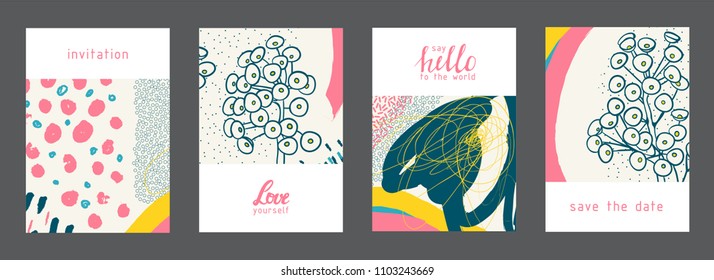 Set of creative universal artistic cards. Designs for prints, wedding, anniversary, birthday, Valentine's day, party invitations, posters, cards, etc. Vector. Isolated.