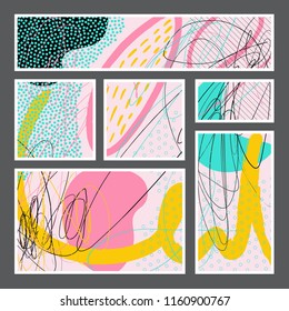 Set of creative universal artistic cards. Designs for prints, wedding, anniversary, birthday, Valentine's day, party invitations, posters, cards, etc. Vector. Isolated.