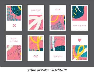 Set of creative universal artistic cards. Designs for prints, wedding, anniversary, birthday, Valentine's day, party invitations, posters, cards, etc. Vector. Isolated.