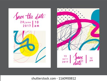 Set of creative universal artistic cards. Designs for prints, wedding, anniversary, birthday, Valentine's day, party invitations, posters, cards, etc. Vector. Isolated.