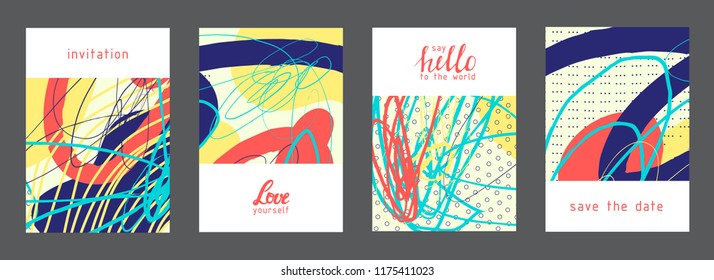Set of creative universal artistic cards. Designs for prints, wedding, anniversary, birthday, Valentine's day, party invitations, posters, cards, etc. Vector. Isolated.