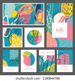 Set of creative universal artistic cards. Designs for prints, wedding, anniversary, birthday, Valentine's day, party invitations, posters, cards, etc. Vector. Isolated.