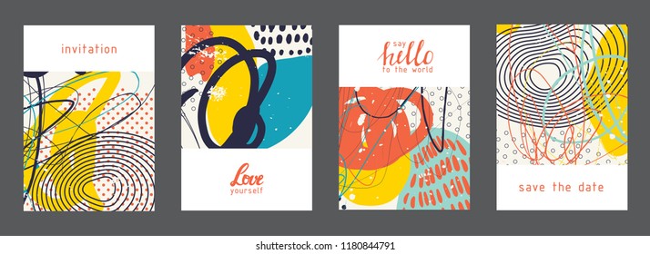 Conjunto de tarjetas artísticas universales creativas. Diseños para impresiones, boda, aniversario, cumpleaños, día de San Valentín, invitaciones a fiestas, afiches, tarjetas, etc. Vector. Aislado.