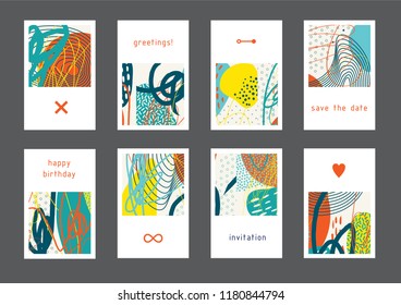 Set of creative universal artistic cards. Designs for prints, wedding, anniversary, birthday, Valentine's day, party invitations, posters, cards, etc. Vector. Isolated.