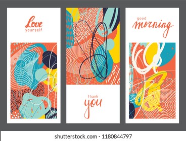 Set of creative universal artistic cards. Designs for prints, wedding, anniversary, birthday, Valentine's day, party invitations, posters, cards, etc. Vector. Isolated.