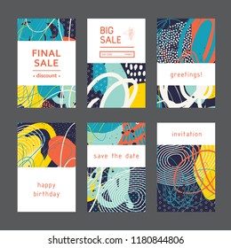 Set of creative universal artistic cards. Designs for prints, wedding, anniversary, birthday, Valentine's day, party invitations, posters, cards, etc. Vector. Isolated.