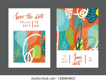 Set of creative universal artistic cards. Designs for prints, wedding, anniversary, birthday, Valentine's day, party invitations, posters, cards, etc. Vector. Isolated.