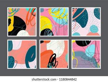 Set of creative universal artistic cards. Designs for prints, wedding, anniversary, birthday, Valentine's day, party invitations, posters, cards, etc. Vector. Isolated.
