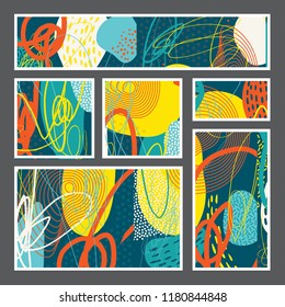Set of creative universal artistic cards. Designs for prints, wedding, anniversary, birthday, Valentine's day, party invitations, posters, cards, etc. Vector. Isolated.