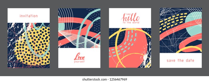 Set of creative universal artistic cards. Designs for prints, wedding, anniversary, birthday, Valentine's day, party invitations, posters, cards, etc. Vector. Isolated.