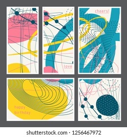 Set of creative universal artistic cards. Designs for prints, wedding, anniversary, birthday, Valentine's day, party invitations, posters, cards, etc. Vector. Isolated.