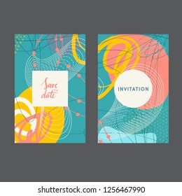 Conjunto de tarjetas artísticas universales creativas. Diseños para impresiones, boda, aniversario, cumpleaños, día de San Valentín, invitaciones a fiestas, afiches, tarjetas, etc. Vector. Aislado.