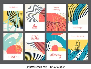 Set kreativer universeller Kundenkarten. Designs für Drucke, Hochzeit, Jahrestag, Geburtstag, Valentinstag, Feiereinladungen, Poster, Karten, etc. Vektorgrafik. Einzeln.