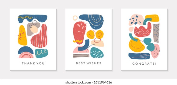 Set of creative universal artistic cards.Modern vector illustrations with hand drawn organic shapes and textures.Trendy contemporary design for prints,flyers,banners,brochures,invitations,covers.