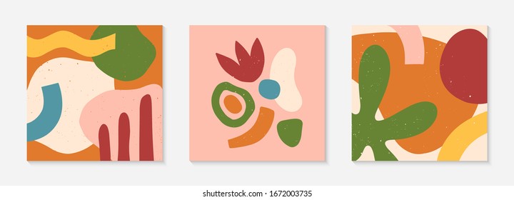 Set of creative universal artistic cards.Modern vector illustrations with hand drawn organic shapes and textures.Trendy contemporary design for prints,flyers,banners,brochures,invitations,covers.