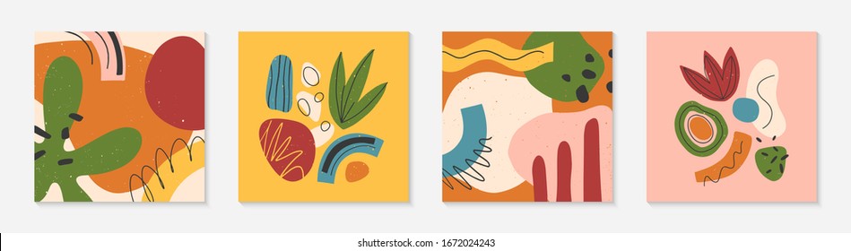 Set of creative universal artistic cards.Modern vector illustrations with hand drawn organic shapes and textures.Trendy contemporary design for prints,flyers,banners,brochures,invitations,covers.