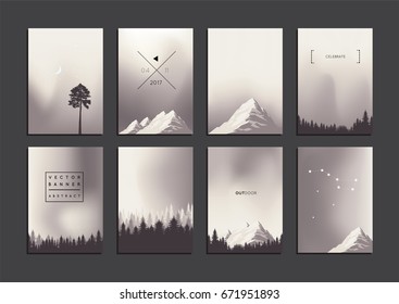 Set of creative universal cards or art posters in pastel brown tone, ombre, with different abstract backgrounds in outdoor style with mountains and coniferous forest silhouette. Vector design template