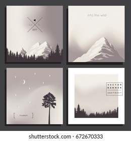 Set of creative universal cards or art posters in pastel brown tone, ombre, with different abstract backgrounds in outdoor style with mountains and coniferous forest silhouette. Vector design template