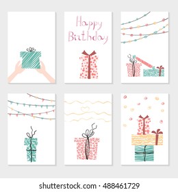 Set of creative universal cards with cartoon gift boxes. For birthday, Valentine's day, party, invitations. Vector illustration. Design for poster, card, invitation, placard, brochure, flyer.