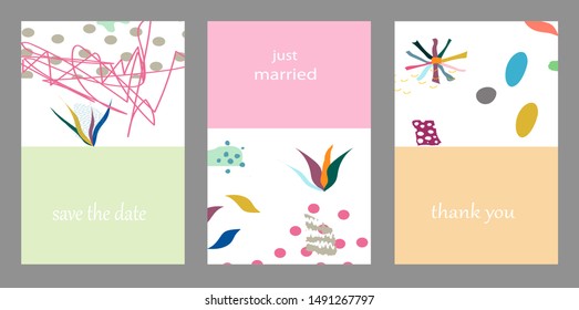 Set of creative universal cards. Designs for prints, banner, poster,card, cover, invitation, placard, brochure, flyer, wedding, birthday, party invitations.
