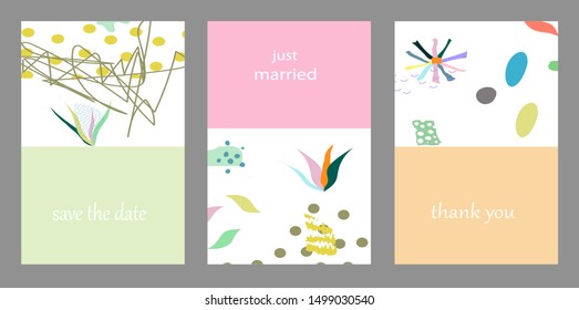Set of creative universal cards. Designs for prints, banner, poster,card, cover, invitation, placard, brochure, flyer, wedding, birthday, party invitations.