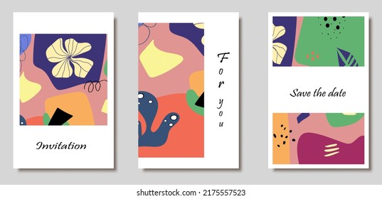 Conjunto de tarjetas universales creativas. Diseños para impresiones, banner, afiche, invitación, cartel, folleto, volante, boda, cumpleaños, fiesta.