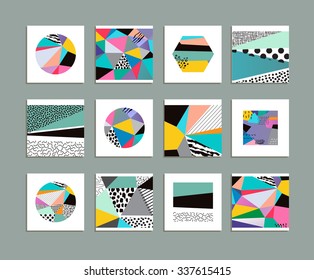 Set of  creative universal cards. Hand Drawn textures. Wedding, anniversary, birthday, Valentin's day, party invitations. Vector. Isolated.