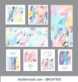 Set of creative universal cards. Hand Drawn textures. Wedding, anniversary, birthday, Valentine's day, party. Design for banner, poster, card, invitation, placard, brochure, flyer. Vector. Isolated.