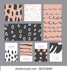 Set of creative universal cards. Hand Drawn textures. Wedding, anniversary, birthday, Valentine's day, party. Design for banner, poster, card, invitation, placard, brochure, flyer. Vector. Isolated.