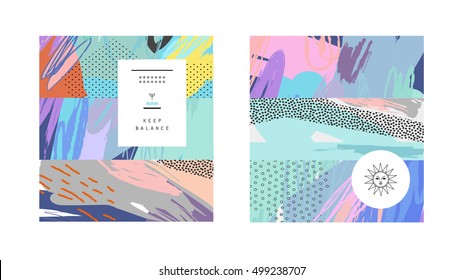 Set of creative universal cards. Hand Drawn textures. Wedding, anniversary, birthday, Valentine's day, party. Design for banner, poster, card, invitation, placard, brochure, flyer. Vector. Isolated.