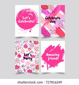 Set of creative universal cards. Hand Drawn textures. Wedding, anniversary, birthday, Valentine s day, party. Design for banner, poster, card, invitation, brochure, flyer. Vector. 