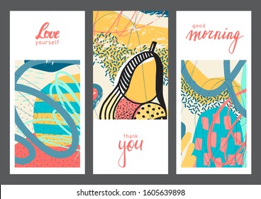 Set of creative universal cards with pear. Designs for prints, wedding, anniversary, birthday, Valentine's day, party invitations, posters, cards, etc. Vector. Isolated.