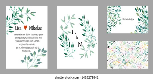Set of creative universal cards with roses,leaves and geometric. Botanic Design for banner, wedding, poster, invitation, cover, placard, brochure, header.