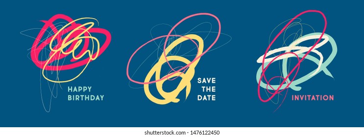 Set of creative universal doodle cards. Designs for prints, wedding, anniversary, birthday, Valentine's day, party invitations, posters, cards, etc. Vector. Isolated.