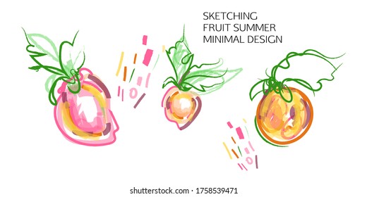 Set of creative universal doodles fruits on a white background isolated in bold art color. Fun design elements with marker and ink textures vector graphics