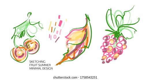 Set of creative universal doodles fruits on a white background isolated in bold art color. Fun design elements with marker and ink textures vector graphics