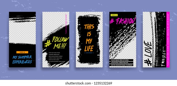 Set of creative universal Editable Stories Template  in trendy style with Hand Drawn textures on transparent background for social media promo.
Love, fashion, follow me, my summer experience. Vector