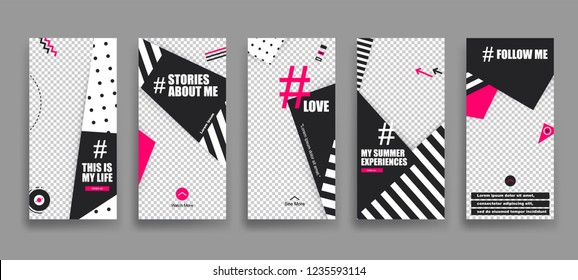 Set of creative universal Editable Stories Template in trendy style on transparent background for social media promo.
Love, follow me, this is my life, my summer experience. Vector 