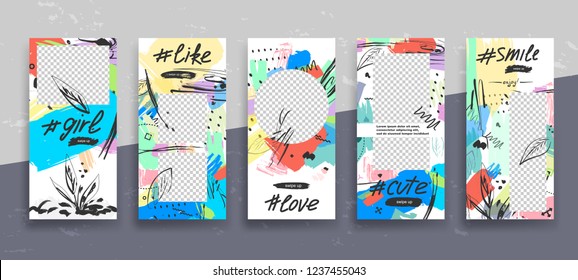 Conjunto de plantilla de historias editables universales creativas en estilo moderno con texturas dibujadas a mano sobre fondo transparente para promoción de medios sociales.
Amor, linda, chica, sonríe, como.
 Vector 