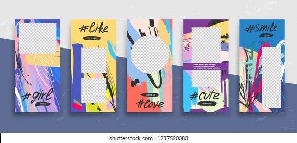 Set of creative universal Editable Stories Template in trendy style with Hand Drawn textures on transparent background for social media promo. Love, cute, girl, smile.
Vector