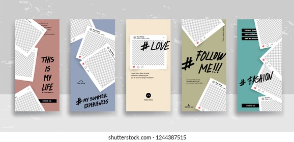 Set of creative universal Editable Stories Template in trendy style on transparent background for social media promo.
Love, follow me, this is my life, my summer experience, about me.
Vector
