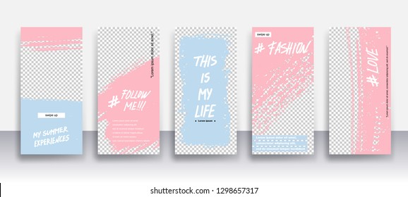 Set of creative universal Editable Stories Template in trendy style on transparent background for social media promo.
Love, follow me, this is my life, my summer experience.
Vector 