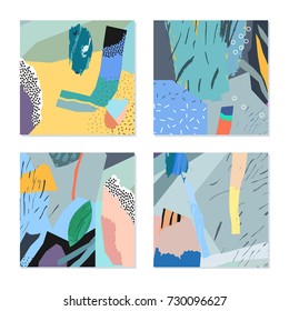 Set of creative universal floral art posters and cards. Hand Drawn textures. Wedding, anniversary, birthday, Valentin's day, party invitations. 