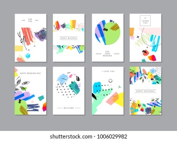 Set of creative universal floral cards in trendy style with Hand Drawn textures. 
Greeting, Wedding, Anniversary, Birthday, Valentin's day, Thank You, 
Party invitations, Posters. Vector