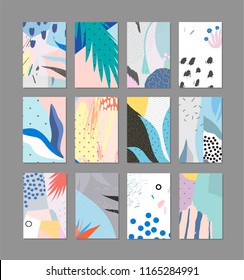 Set of creative universal floral cards in tropical style. Hand Drawn textures. Wedding, anniversary, birthday, Valentin's day, party invitations. 