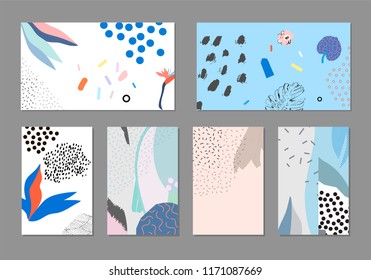 Set of creative universal floral cards in tropical style. Hand Drawn textures. Wedding, anniversary, birthday, Valentin's day, party invitations. 
