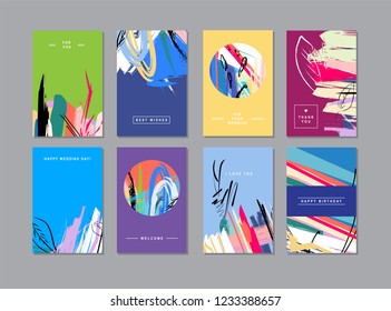 Set of creative universal floral cards in trendy style with Hand Drawn textures. 
Greeting Cards, Wedding, Anniversary, Birthday, Valentin's day, Thank You, 
Party invitations, Posters. Vector
