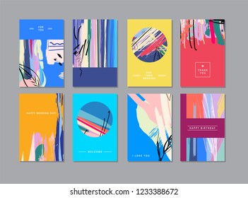 Set of creative universal floral cards in trendy style with Hand Drawn textures. 
Greeting Cards, Wedding, Anniversary, Birthday, Valentin's day, Thank You, 
Party invitations, Posters. Vector
